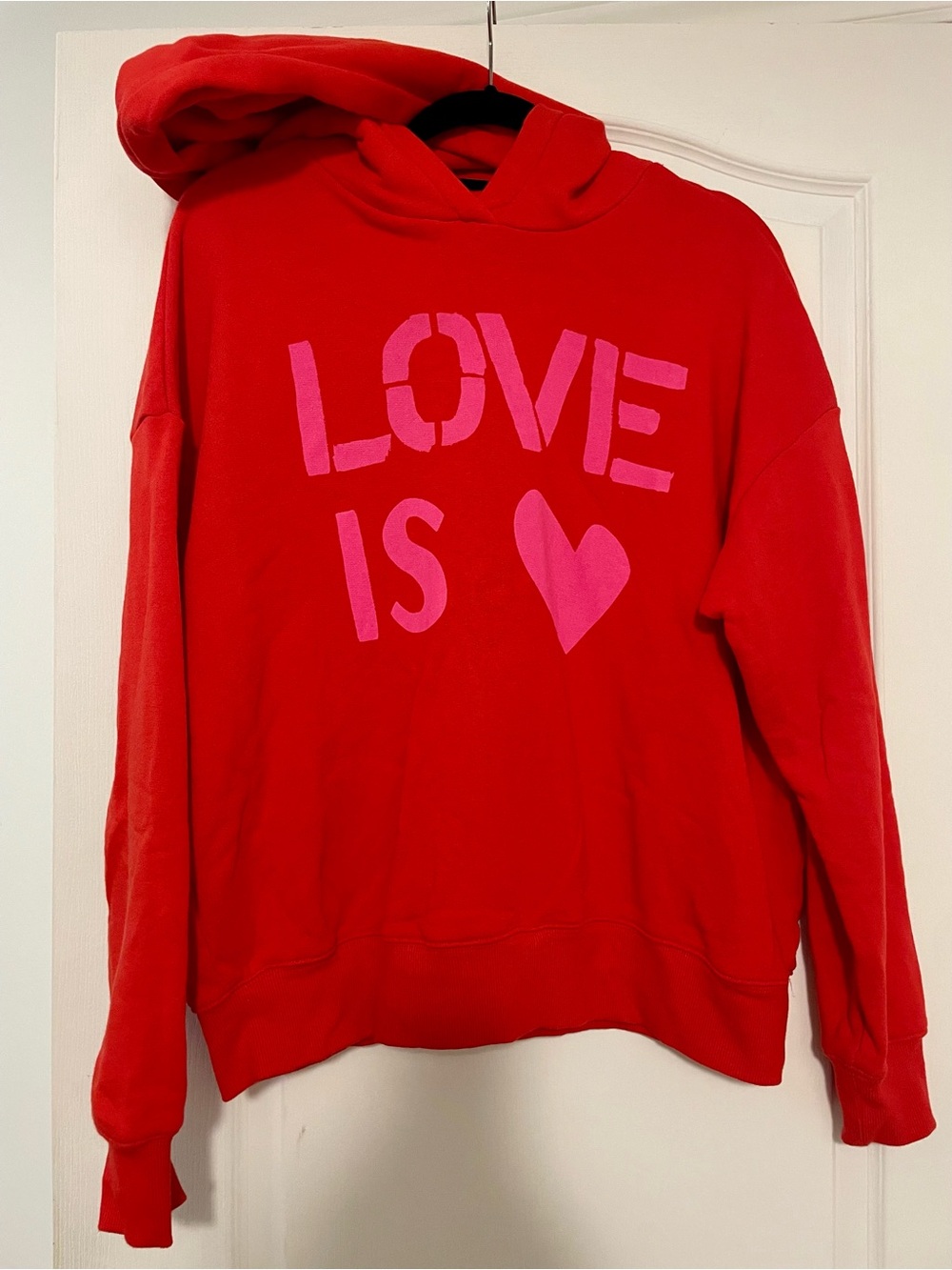 Kerri Rosenthal Red Hoodie with Pink "LOVE IS" Graphic Size Small